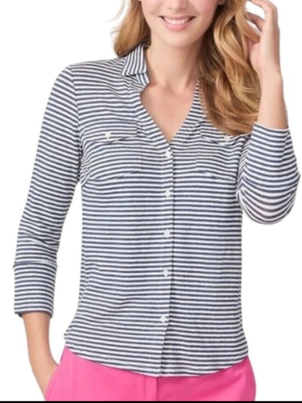 J. McLaughlin Brynn Linen Blend Blue White Striped Casual Button-Down Shirt M